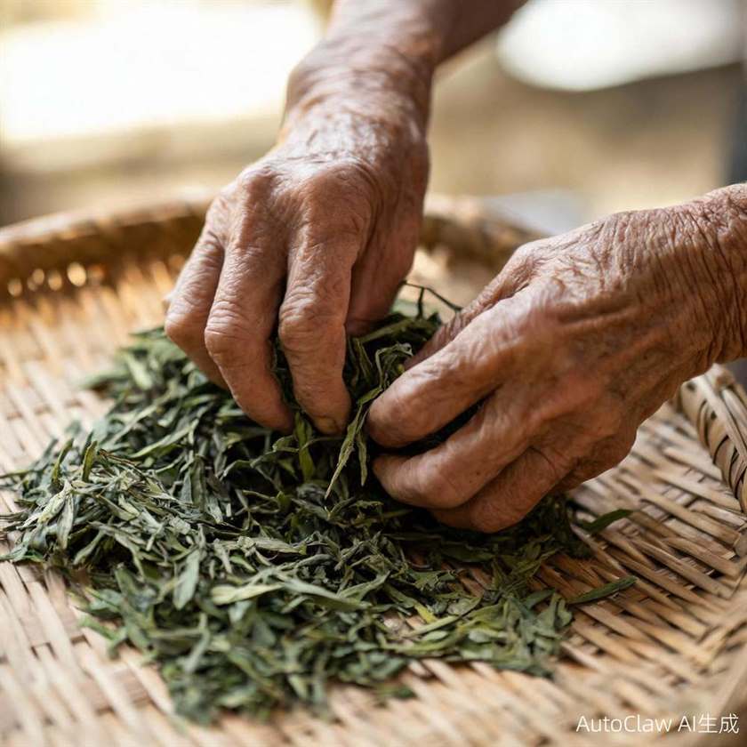 Hands rolling freshly fired tea leaves on a bamboo tray