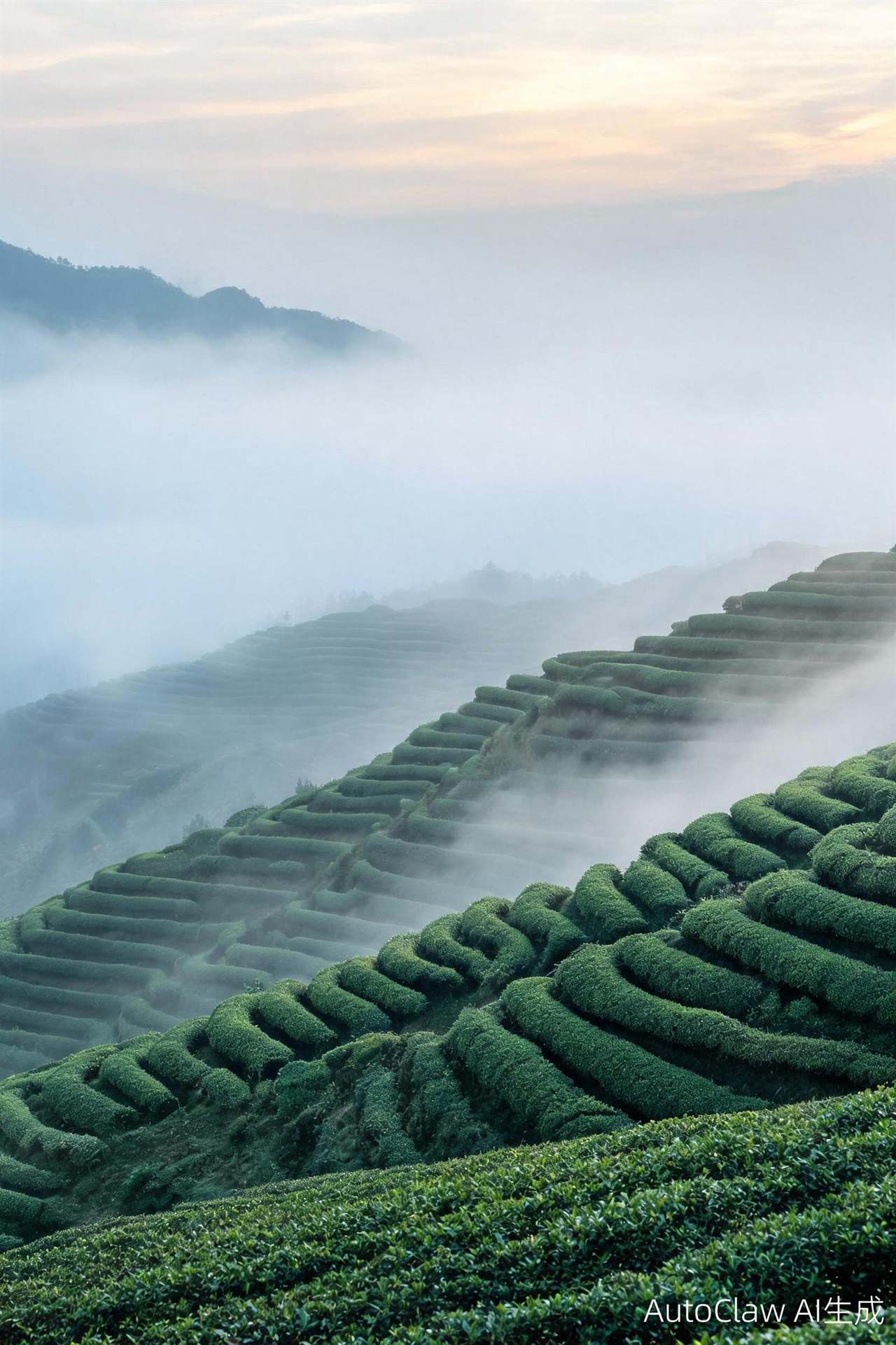 Misty tea terraces at dawn on a high mountain garden