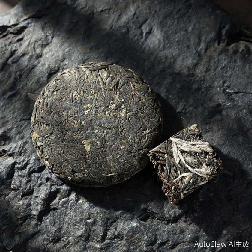 Raw puer tea cake with a broken chunk showing buds